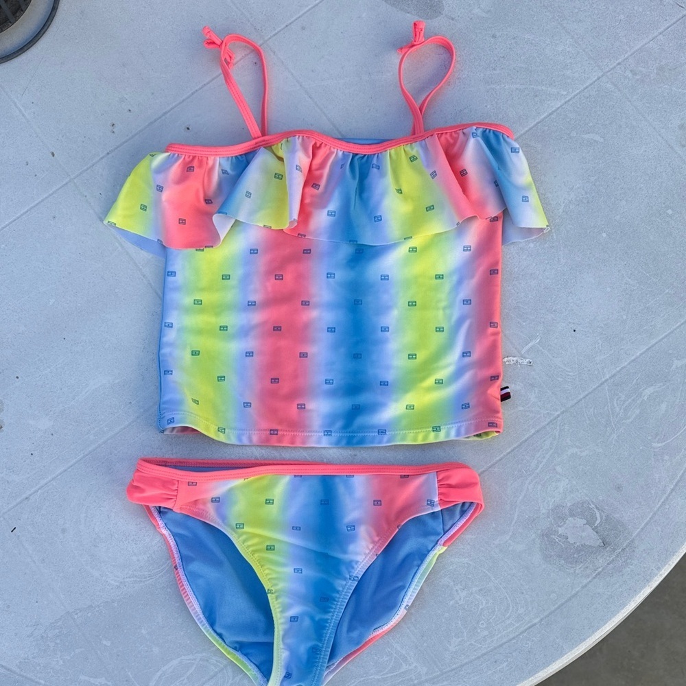 Tommy Hilfiger Girls 12/14 Rainbow Tankini 2 Piece Swimsuit Ruffle